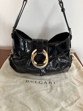 Bvlgari Chandra Black Patent Leather Hobo Bag with Gold Ring Hardware with COA